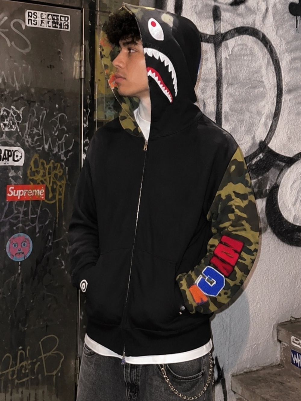 Bape A Bathing Ape. Black Zip-Up Hoodie with 1/2 Camo Hood. Double zip. XL. NWT